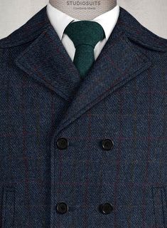 Delivering timeless tweed with a modern flavor opt for our Harris Tweed King Blue Pea Coat that offers a contemporary take on tailored sophistication. Crafted from pure wool, the coat features a strong statement due to its striking checks pattern that adds a traditional vintage look, smooth yet luxurious to feel. Take this blue pea coat to a fresh level that’ll work from days at the office to special occasions in cooler weather. 
 
 Look Includes  Harris Tweed King Blue Fabric  Real Horn Royal B Formal Tweed Outerwear With Double Button Closure, Classic Black Tweed Jacket With Lapel Collar, Classic Tweed Pea Coat For Formal Occasions, Black Tweed Outerwear With Double Button Closure, Tailored Tweed Outerwear With Herringbone Pattern, Classic Long Tweed Coat, Classic Long Tweed Pea Coat, Classic Double-breasted Tweed Outerwear, Winter Business Tweed Pea Coat