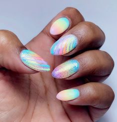 Pastel Chrome Nails, Spring Vacation Nails, Rainbow Glitter Nails, Pastel Glitter Nails, May Nails Ideas 2023, May Nails Ideas, Black Prom Nails, Unicorn Nails Designs, Blue Prom Nails