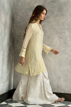 #syedjafferqadri #fashiondesigner Long Kameez, Hijab Styling, Yellow Kurta, Bridal Hijab, Chikankari Suits, Nikkah Dress, Pakistani Couture, Pakistani Style