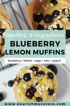 blueberry lemon muffins with yogurt and blackberries in the background