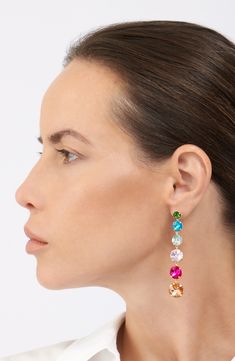 Gradient drops of vibrant colored stones create gorgeous statement earrings that add a playful pop of color to your style. 2.25" length   14K gold plated brass, crystal glass   Post back   Imported   Adornia donates 10% of net profit to charities focused on female empowerment Multi-stone Dangle Earrings For Party, Multicolor Multi-stone Earrings For Party, Rainbow Drop Earrings For Party, Party Multicolor Multi-stone Earrings, Elegant Rainbow Earrings For Party, Vibrant Rainbow Drop Earrings, Trend Jewelry, Drop Earrings Gold, Gold Luxury