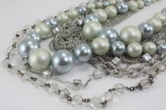 "Vintage Pearl Necklace Multi Strand Statement Gray Silver Layered Bridal Wedding Jewelry. I have mixed a vintage light gray/silver pearl beaded multi strand necklace with vintage and new silver chain necklaces and a vintage crystal necklace for some added sparkle. This necklace has a drop of 17\". It is a classic you will wear again and again! It would be great for a Mother's Day gift or a gift for yourself! International buyers welcome just contact me first for shipping charges." Silver Multi-strand Pearl Necklace For Party, Vintage Silver Pearl Necklace For Party, Vintage Pearl Necklace, Multi Strand Beaded Necklace, Pearl Necklace Vintage, Vintage Pearl, Wedding Bridal Jewellery, Silver Box, Vintage Pearls