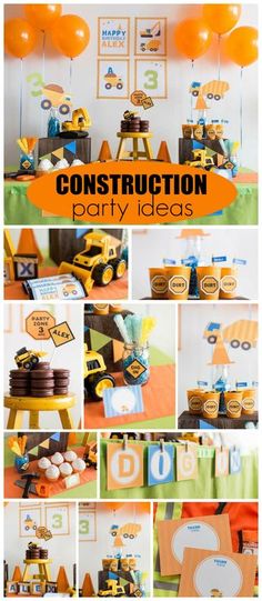 construction themed party with orange and blue decorations