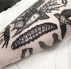 a man's arm with tattoos on it that has different types of animals and plants