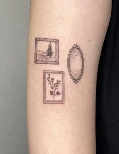 a woman's arm with three pictures and a mirror on the back of it