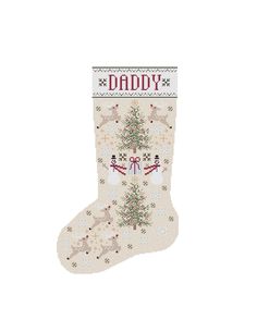 a cross stitch christmas stocking with the word daddy on it and reindeers around it