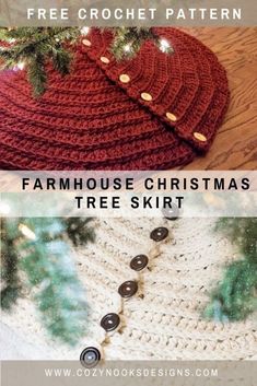 a knitted christmas tree skirt with buttons on it and the text, free crochet pattern farmhouse house christmas tree skirt