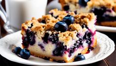 a slice of blueberry cheesecake on a white plate