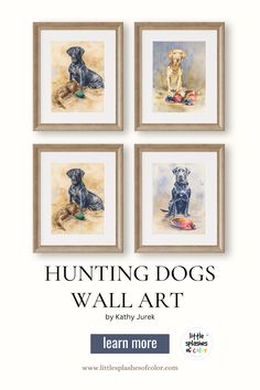 four framed pictures with the words hunting dogs wall art written below them in black and white