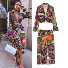 Multi Colored Two Piece Set. Top Is A M And The Skirt Is A L. New With Tags. Knotted Shirt, Women Suits, Split Skirt, Viscose Fabric, Shirt Skirt, Printed Pants, Two Piece Dress, Club Dresses, Piece Dress