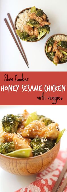 slow cooker honey sesame chicken with veggies in a bowl and chopsticks