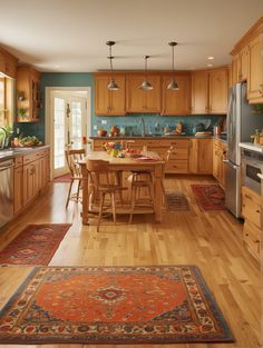 a kitchen with wooden cabinets and an area rug on the floor in front of the table