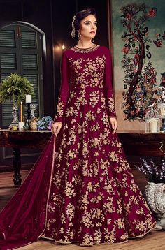 Wine Designer Heavy Embroidered Net Bridal Anarkali Gown-Saira's Boutique Gown Dress Design, Net Anarkali, Bridal Anarkali, Net Gowns, Butterfly Net, Party Wear Dress, Party Wear Gown, Wine Party, Indian Party Wear