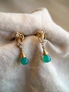 *Gemstone Dangle Earrings *18k Gold *Green Jade, Man-made *Diamonds, Genuine *H color, SI1 clarity *Circa 1960s ☞ Some fine jewelry items may show patina or signs of age or wear in photos. Rest assured, your jewelry will be carefully cleaned and polished prior to shipping! If you would like the natural patina left on, send us a note! Quality You Can Trust *Authenticated by a GIA Graduate Gemologist  *Detailed Quality Control and Careful Restoration *5 Star Customer Service. Questions? Send us a Gold Vintage Jewelry, Recycled Jewelry, Man Made Diamonds, Retro Jewelry, I Love Jewelry, Green Gemstones, Green Jade, The 1960s, Quality Control