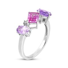 This party-ready ring sparkles with fashion possibilities. Crafted in sterling silver The topsy-turvy style features an oval-cut pink quartz, an emerald-cut pink lab-created sapphire and an oval-cut amethyst Two round-cut white lab-created sapphires provide pops of shimmer Topsy Turvy, Quartz Pink, White Lab, Sparkling Rings, Pink Quartz, Ring Sterling Silver, Emerald Cut, Oval Cut, Sapphire Ring