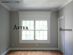 an empty room with white walls and wood flooring before and after the paint job is done