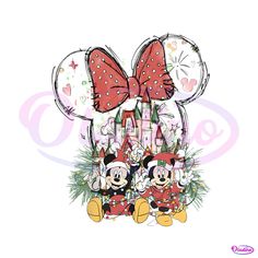 mickey and minnie mouse in front of a castle with balloons