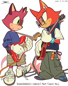 two cartoon characters are playing guitars together