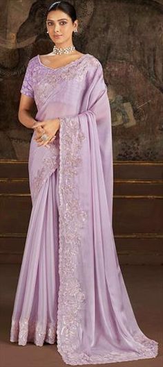 Purple and Violet color Saree in Silk fabric with Embroidered, Resham, Sequence work Elegant Purple Georgette Embroidered Fabric, Elegant Purple Embroidered Georgette Fabric, Purple Georgette Embroidered Fabric For Reception, Formal Art Silk Saree With Intricate Embroidery, Elegant Floor-length Saree With Floral Embroidery, Traditional Saree With Floral Embroidery For Ceremony, Ceremonial Saree With Intricate Embroidery, Festive Saree With Intricate Embroidery For Ceremony, Festive Ceremony Saree With Intricate Embroidery