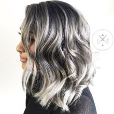 Medium Black Hair With Silver Highlights Brown Hair With Silver Highlights, Medium Black Hair, Grey Highlights, Silver Highlights, Black Hair With Highlights