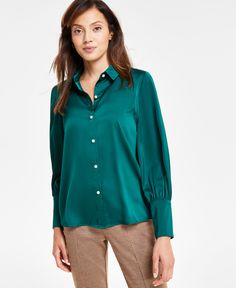 in stock Uniqlo Shirt, Satin Blouses, School Looks, Satin Blouse, Button Down Blouse, Green Blouse, Dark Forest, Pearl Buttons, Red Blouses