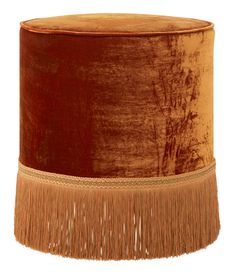 a brown and gold velvet stool with fringe trim around the top, on a white background