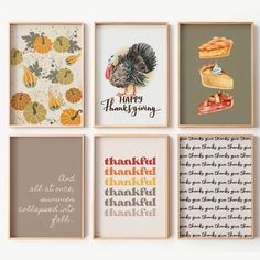 four framed thanksgiving cards with turkeys, pumpkins and other food items on them