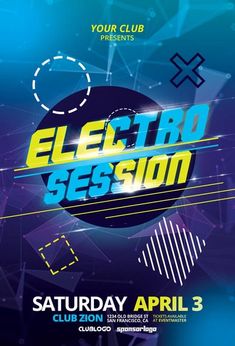 the electric session flyer is shown in blue and purple colors with an abstract design on it