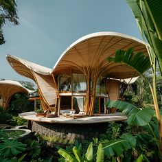 an unusual house in the middle of some tropical plants and trees with lots of greenery around it