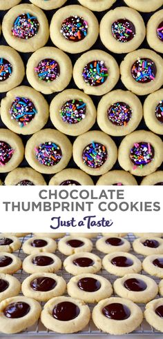 chocolate thumbnut cookies with sprinkles on top and in the background, just taste