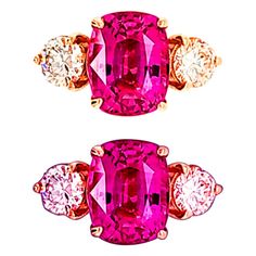 Photos cannot do this Pink Sapphire/Ring Any Justice! The color is a Glowing Magenta Pink and lively, flanked by two Natural Diamonds. The Sapphire is a whopping 5.33cts and is certed by AGL. The Diamonds are SI1/G-H in color and weigh 1ct in total weight, so therefore, 0.50cts each. Set in a custom 18kt Yellow Gold Ring. Pink Sapphires of this size are in demand and have increased in price over the past few years. The total estimated retail price for this ring is approximately $40k. When we saw Rosa Neon, Pink Sapphire Ring, Pink Men, Pink Bling, Magenta Pink, Natural Sapphire, Hermes Birkin, 1 Carat, Pink Sapphire