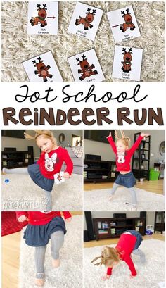 a collage of pictures showing how to use the reindeer run game for toddlers