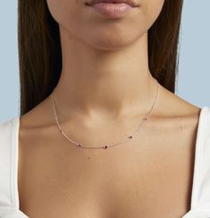 This staple 14k gold necklace with natural gemstones is a must-have for every jewelry collection! Pink Gemstone Birthstone Necklace In Sterling Silver, Pink Sterling Silver Necklace Fine Jewelry, Pink Ruby Necklace Fine Jewelry, Pink Ruby Round Necklaces, Pink Sterling Silver Jewelry With Delicate Chain, Fine Jewelry Pink Sapphire Round Necklaces, Fine Jewelry Pink Sapphire Necklace, Pink Sapphire Round Necklace Fine Jewelry, Silver Pink Sapphire Birthstone Jewelry