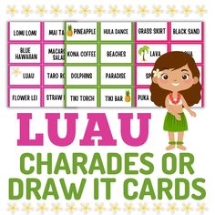 the luau charadess or draw it cards are shown in pink and green