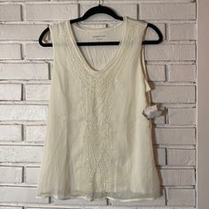 Coldwater Creek Chiffon Beaded Sleeveless Top Size Small 8 Nwt Ivory With Beaded Neckline And Center Lined With Jersey Underlay Spring Embellished V-neck Tank Top, Elegant Tank Top For The Beach, Elegant Summer Beach Vest, Embellished V-neck Tank Top For Summer, Elegant Sleeveless Tank Top For Beach, Elegant Tank Top For Beach, Embellished Sleeveless White Top, Chic Embellished Tank Top For Summer, Embellished Sleeveless Blouse For Summer