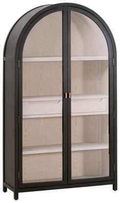 an arched display case with glass doors on the front and bottom shelves in black finish