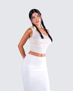 A clean, elegant, and classy look for you to own the night in 🤍 Featuring an ivory one shoulder top, paired with a white jersey maxi skirt - this two-piece set is giving "expensive, and untouchable" 💅 White Stretch One-shoulder Crop Top, White Stretch One Shoulder Top For Night Out, White One Shoulder Top For Night Out, Chic White Evening Crop Top, Chic White Stretch Maxi Skirt, Chic White One Shoulder Top For Night Out, Chic White One Shoulder Top For Party, White Maxi Skirt For Summer Night Out, Chic White Crop Top For Night Out