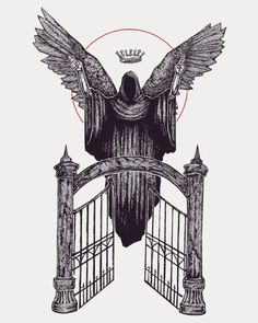 an illustration of a person with wings on top of a gate and crown above them