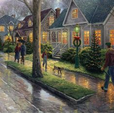 a painting of people walking their dogs on a rainy day in front of a house