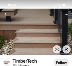 an image of some stairs and rocks on the ground with numbers below them that read, timbertech 15k followers