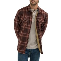 As the weather gets colder, get the shirt/jacket combo that can handle it all with the Wrangler Sherpa Lined Heavyweight Shirt Jacket. Made from a soft cotton blend with extra weight and lined with a fuzzy sherpa interior, this cozy shacket prioritizes warmth while still bringing some color to your cold-weather staples. Size: L.  Color: Brown.  Gender: male.  Age Group: adult. Rugged Outdoor Shacket With Pockets, Rugged Flannel Shirt With Pockets For Fall, Rugged Long Sleeve Shacket For Outdoors, Rugged Long Sleeve Winter Shacket, Winter Rugged Long Sleeve Shacket, Brown Flannel Shirt With Pockets For Outdoor, Casual Shacket With Fleece Lining For Outdoor, Rugged Winter Shacket With Pockets, Rugged Shacket For Outdoor Winter Use