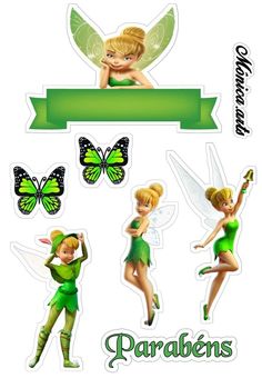 the tinkerbells stickers are green and have yellow wings, one with a butterfly