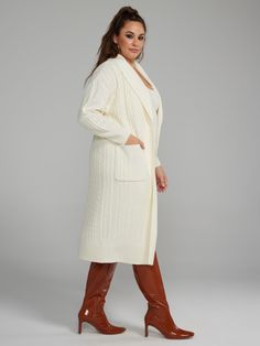 Plus Size Shawl Collar Cable Knit Long Cardigan | Fashion to Figure Long Cable Knit Cardigan, Knit Long Cardigan, Shawl Cardigan, Fashion To Figure, Plus Size Cardigans, Cardigan Fashion, Matching Dresses, Shawl Collar, Long Cardigan