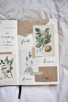 an open book with various pictures and words on the pages that include flowers, leaves, and fruit