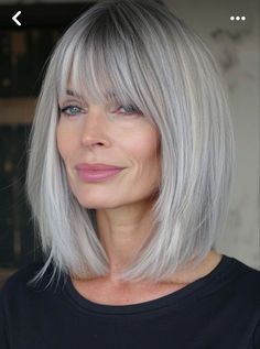 Grey Hair Bangs Fringes, Grey Hair With Fringe, Silver Lob Haircut, Long Grey Hair With Bangs, Hair Cut Lengths, Lob Haircut With Bangs, Blended Hair, Haircut Gray Hair