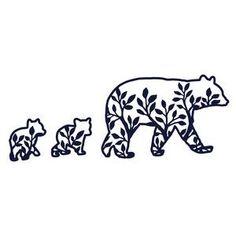 a bear and two cubs walking in the same direction with leaves on their backs, drawn by hand