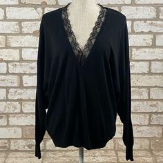 Size S (Fits S-M) Black Knit Vneck Lace Trimmed Never Worn Elegant Black Fine Knit V-neck Sweater, Black V-neck Sweater For Layering, Black Fine Knit V-neck Top, Black V-neck Sweater For Loungewear, Black V-neck Top For Fall, Elegant Black V-neck Top For Fall, Black Knit, Vneck Sweater, Lace Trim