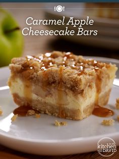 caramel apple cheesecake bars on a plate with an apple in the background and text overlay