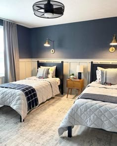 two beds in a room with blue walls