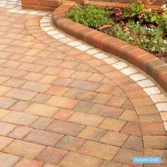 a brick walkway in the middle of a garden